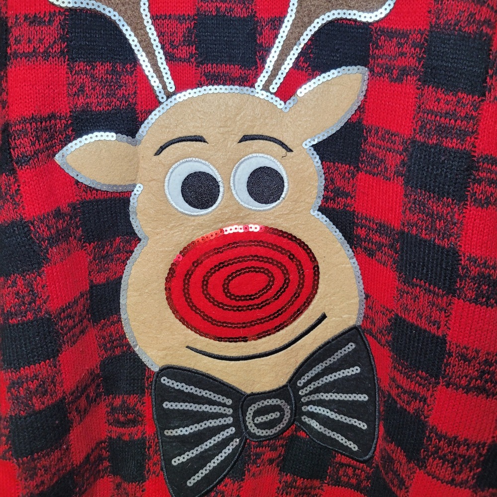 Holiday Time Reindeer Buffalo Plaid Christmas Sweater XL 16-18 Red Black Sequin‎ - Picture 2 of 6